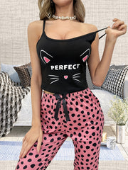 Cat Print Pajama Set Scoop Neck Cami Top & Pants Women's Sleepwear