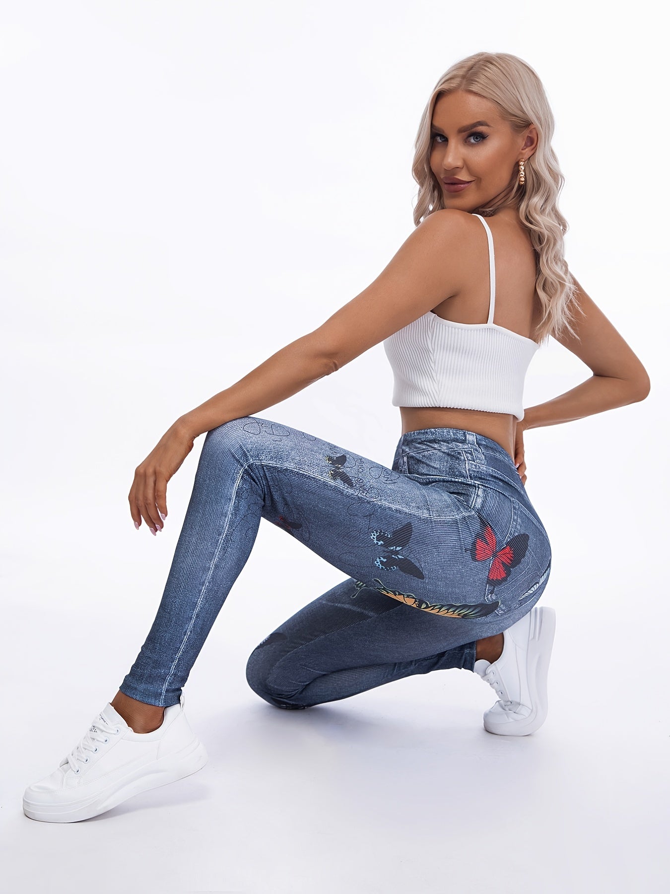 Women's Faux Denim Floral Yoga Pants High Waist Leggings