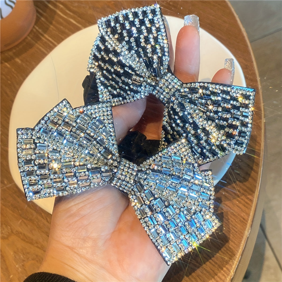 Crystal Rhinestone Bow Scrunchies Hair Tie Elastic Ponytail Holder