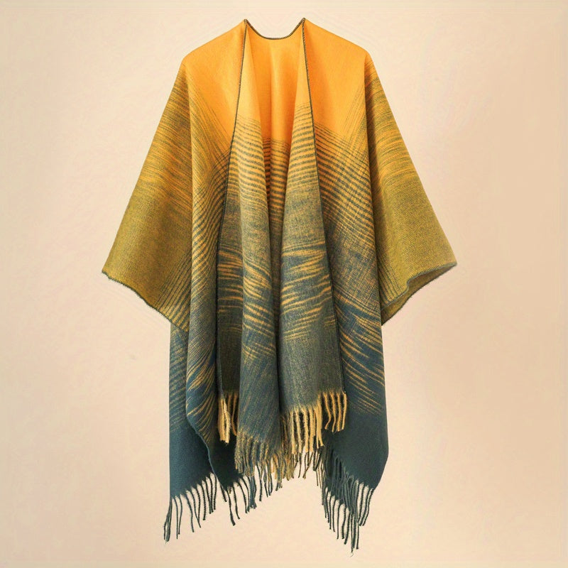 Striped Fringed Shawl Warm Poncho Cape