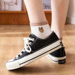 5 Pairs Cartoon Bear Print & Striped Plaid Short Women's Socks