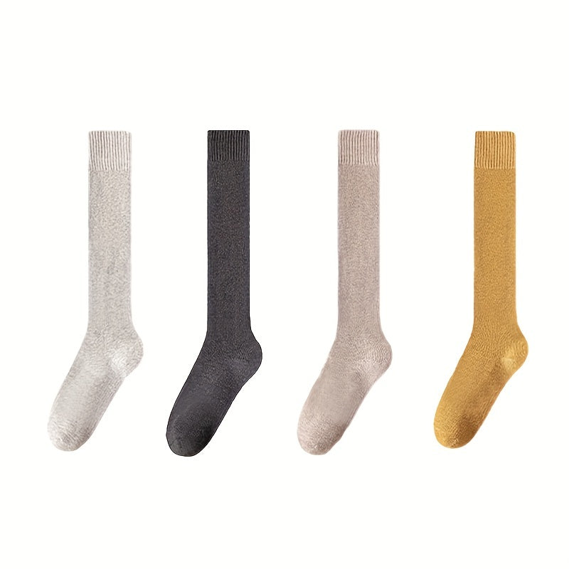 4 Pairs Solid Calf Socks Warm Knee High Women's Stockings