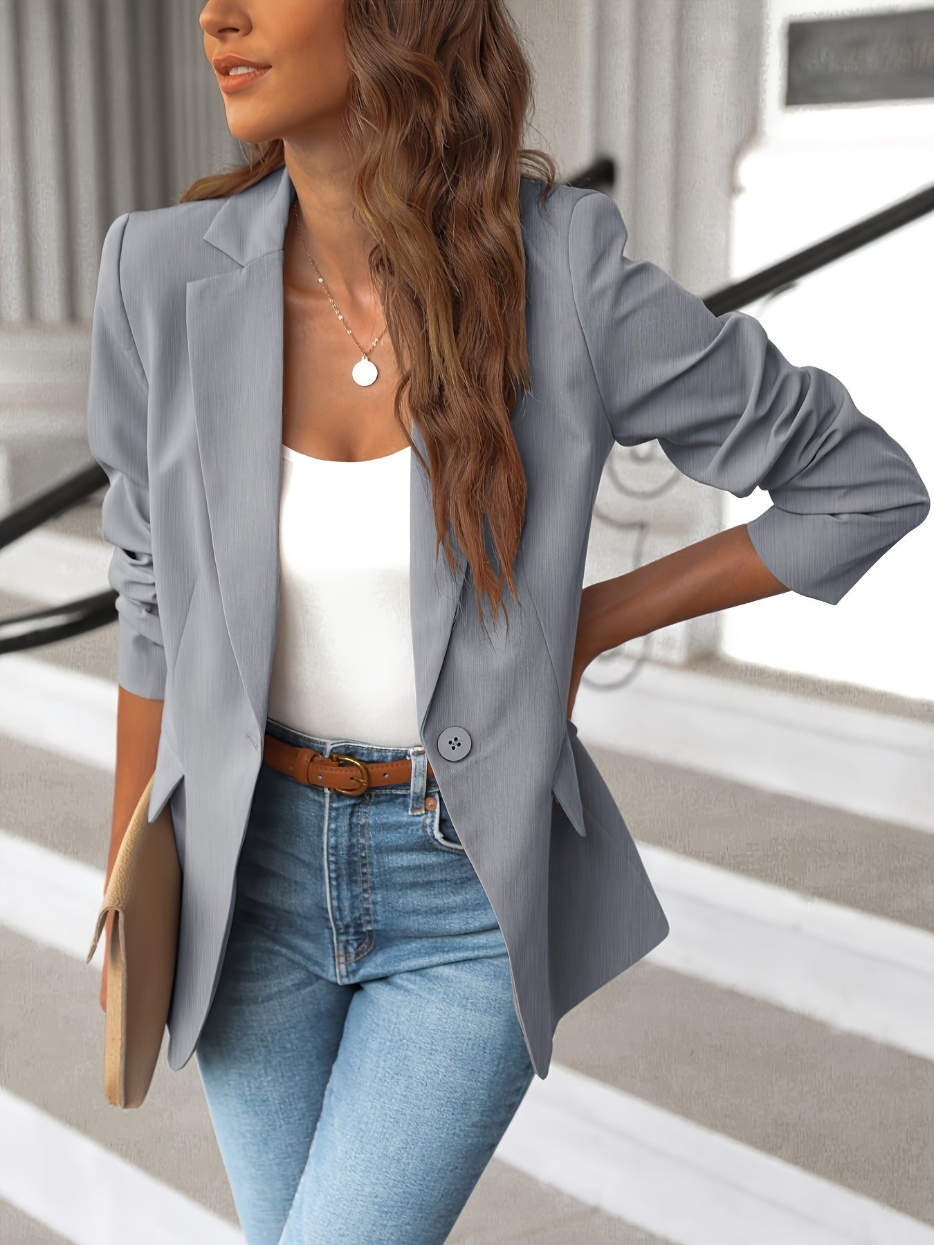 Solid Lapel Blazer Jacket Long Sleeve Work Office Women's Clothing