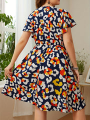 Graphic Print Ruffle Trim Cap Sleeve Mini Dress Plus Size