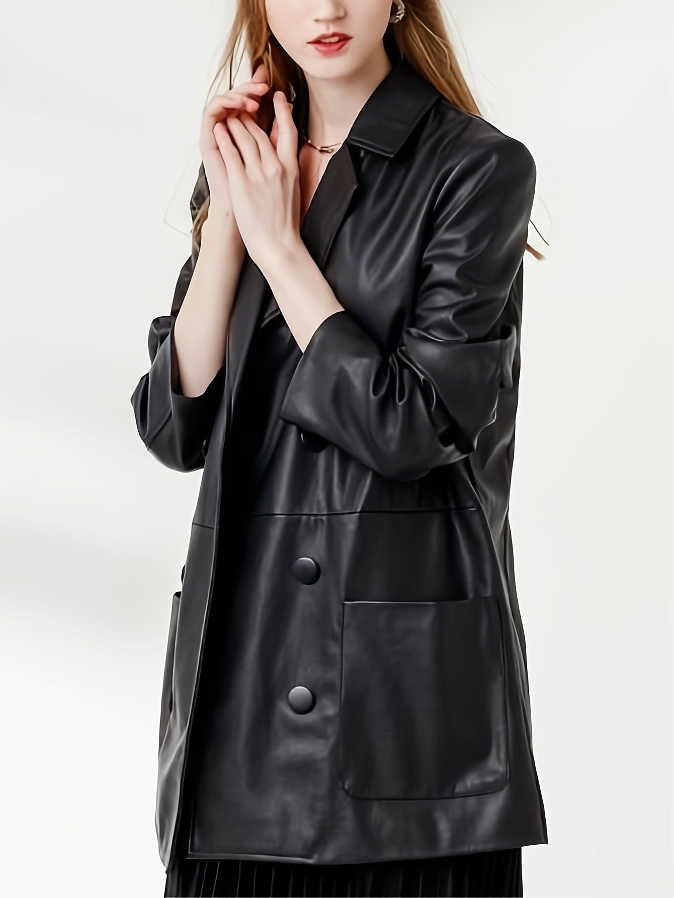 Faux Leather PU Blazer Coat Casual Long Sleeve Loose Blazer