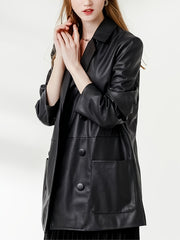 Faux Leather PU Blazer Coat Casual Long Sleeve Loose Blazer