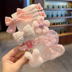 9pcs Girls Plush Bow Flower Hair Clips Decorative Hair Accessories Set