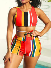 Boho Bikini Set Striped Print Tie Front Swimsuit