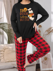 Casual Pajama Set Women's Plus Books & Slogan Print Tee