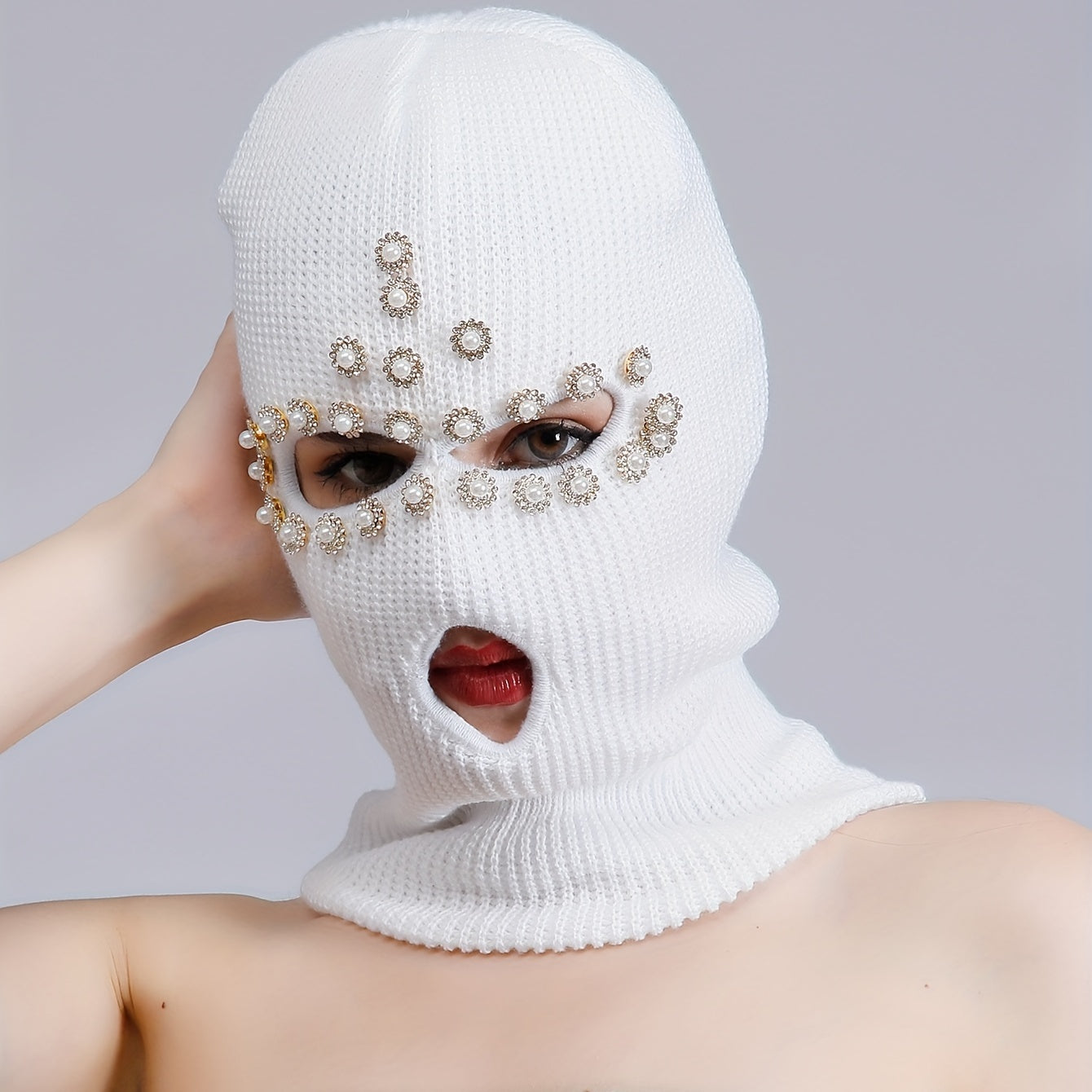 Faux Pearl Rhinestone Balaclava Hip Hop Ski Mask Y2K Knit Hat Neck Gaiter