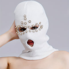 Faux Pearl Rhinestone Balaclava Hip Hop Ski Mask Y2K Knit Hat Neck Gaiter
