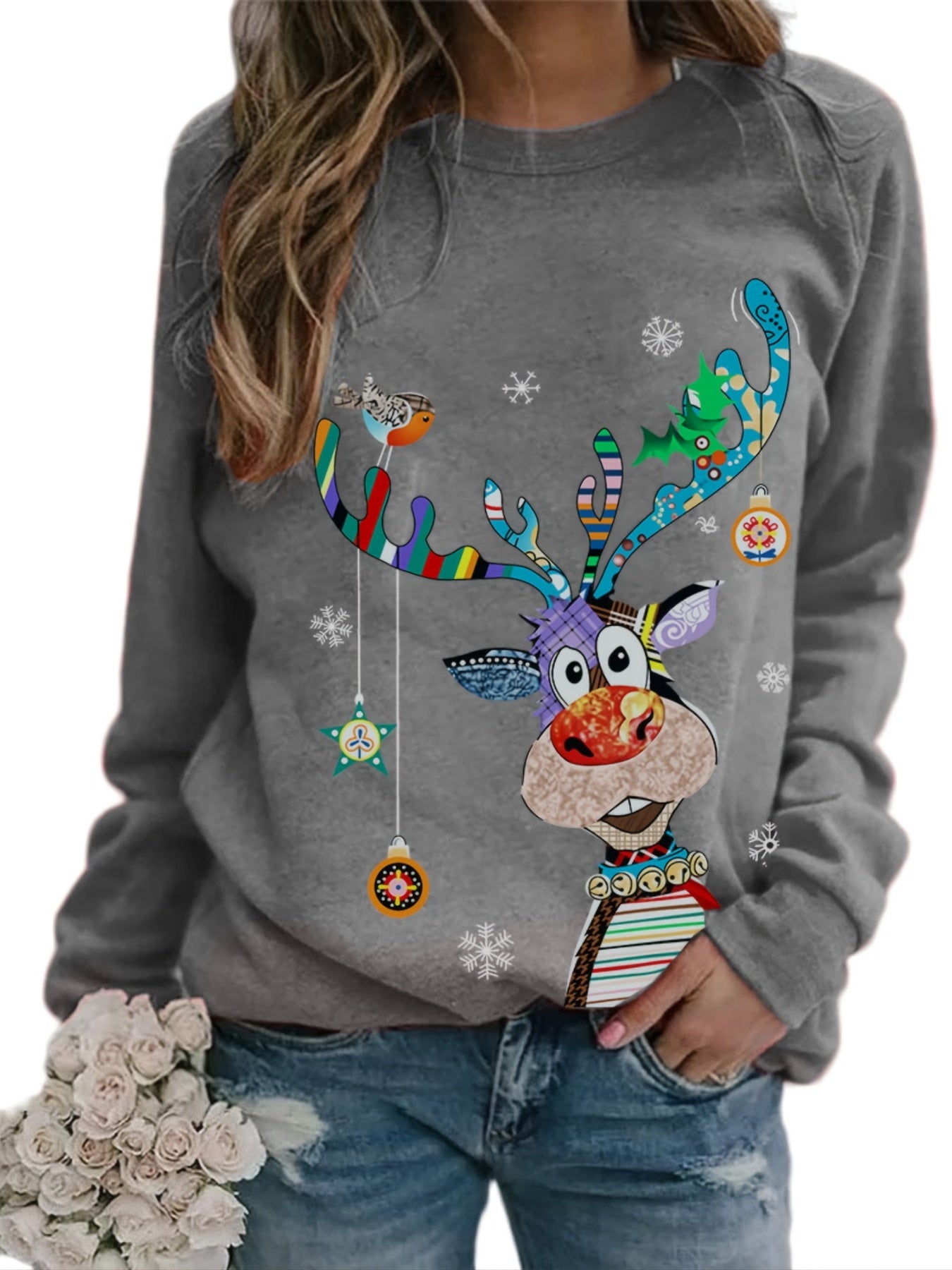 Christmas Graphic Print Sweatshirt Long Sleeve Crew Neck Pullover Sweatshirt