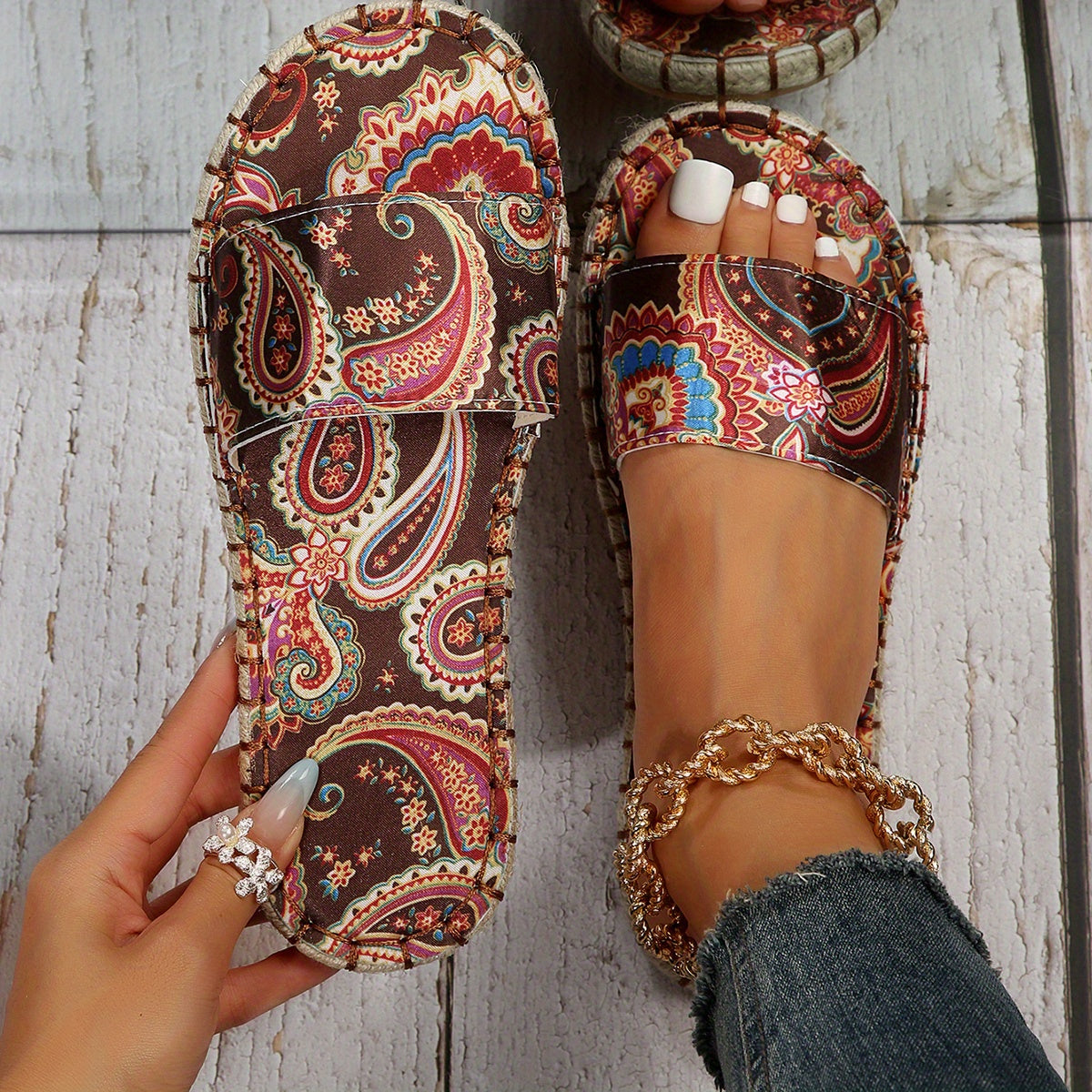 Women's Print Slide Sandals Casual Linen Platform Slippers