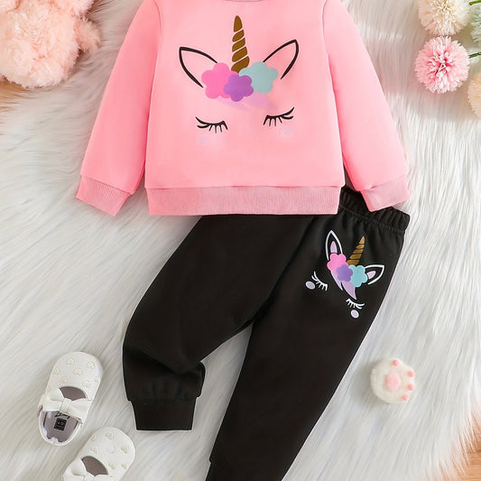 Unicorn Print Baby Girl Sweatshirt Sweatpants Set Spring And Autumn