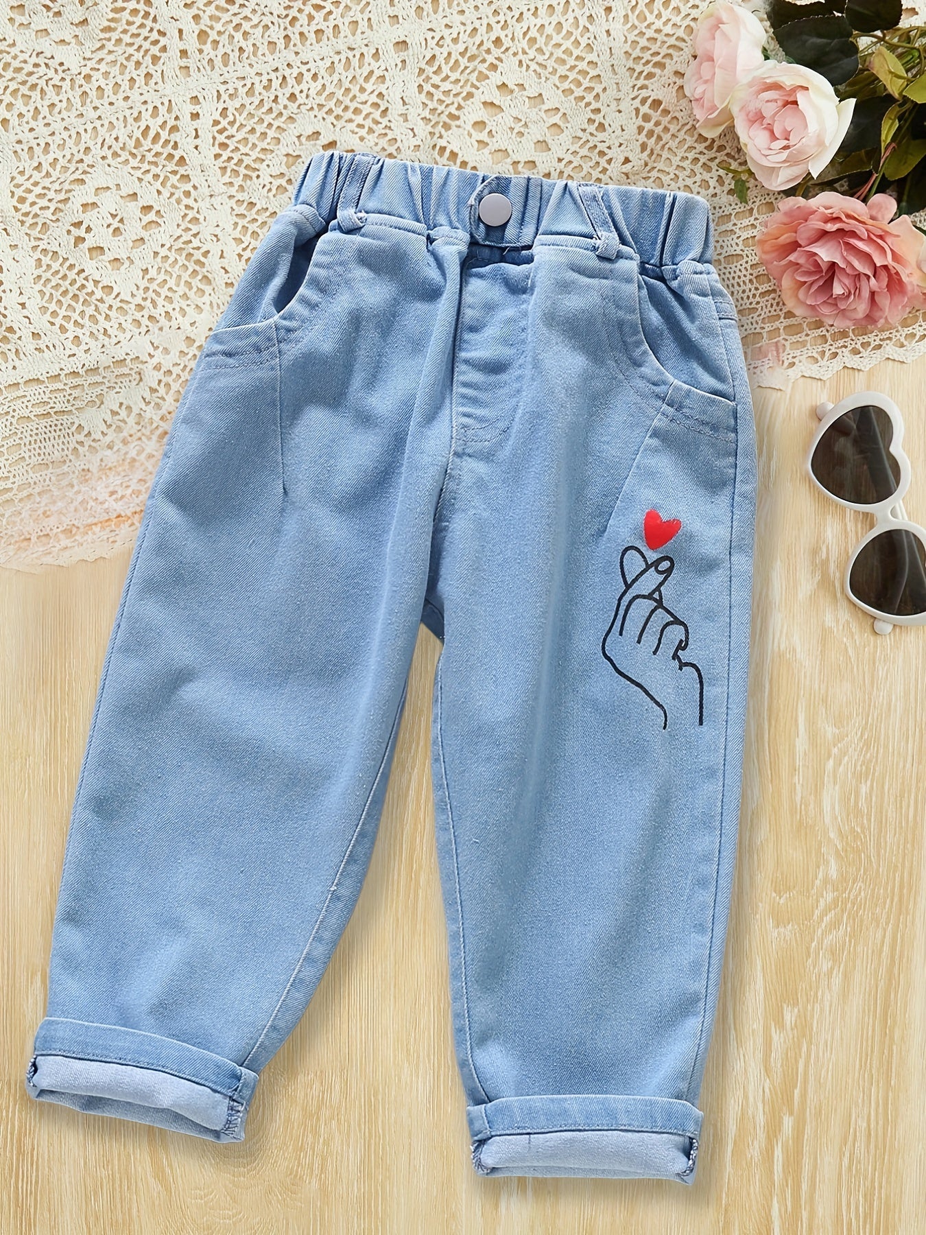 Toddler Girls Heart Graphic Casual Denim Pants Trousers