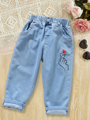 Toddler Girls Heart Graphic Casual Denim Pants Trousers