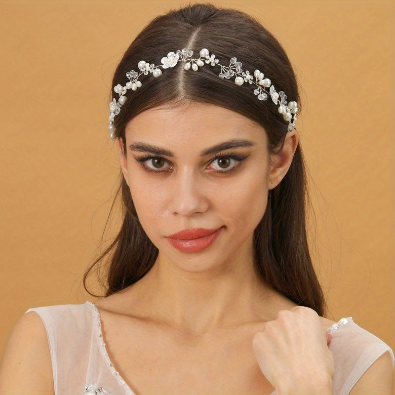 Faux Pearl Flower Headband Tiara For Women Bride Party Wedding