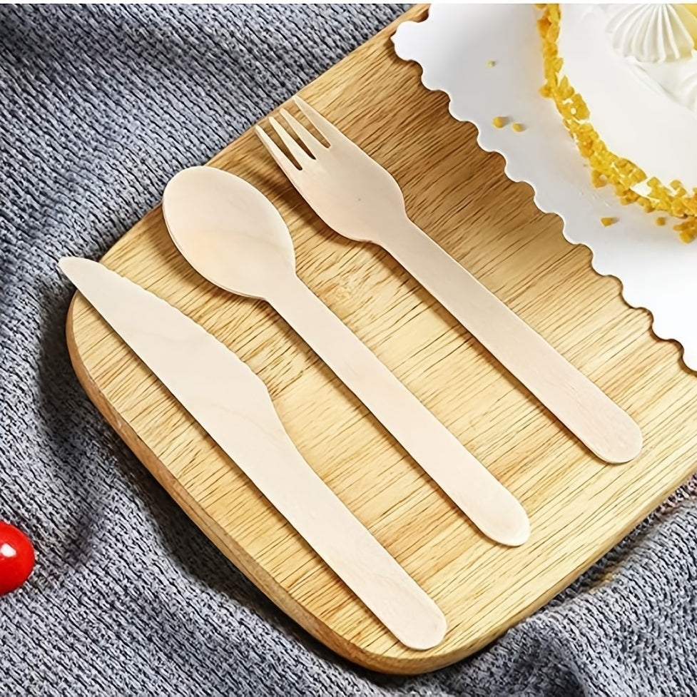 100pcs Wooden Tableware Set Disposable Fork Spoon Western Steak Cutlery