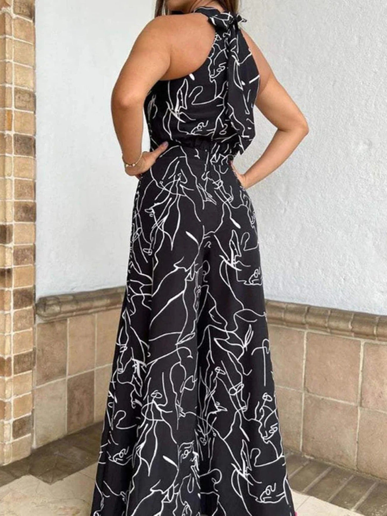 Floral Print Halter Jumpsuit Tie Waist Wide Leg