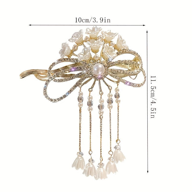 Flowers Rhinestone Tassel Hair Clips Hanfu Decorative Hair Accessories