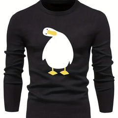 Cartoon Duck Print Men's Casual Warm Crew Neck Pullover Sweater
