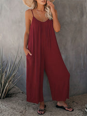 Boho Ruched Wide Leg Jumpsuit Sleeveless