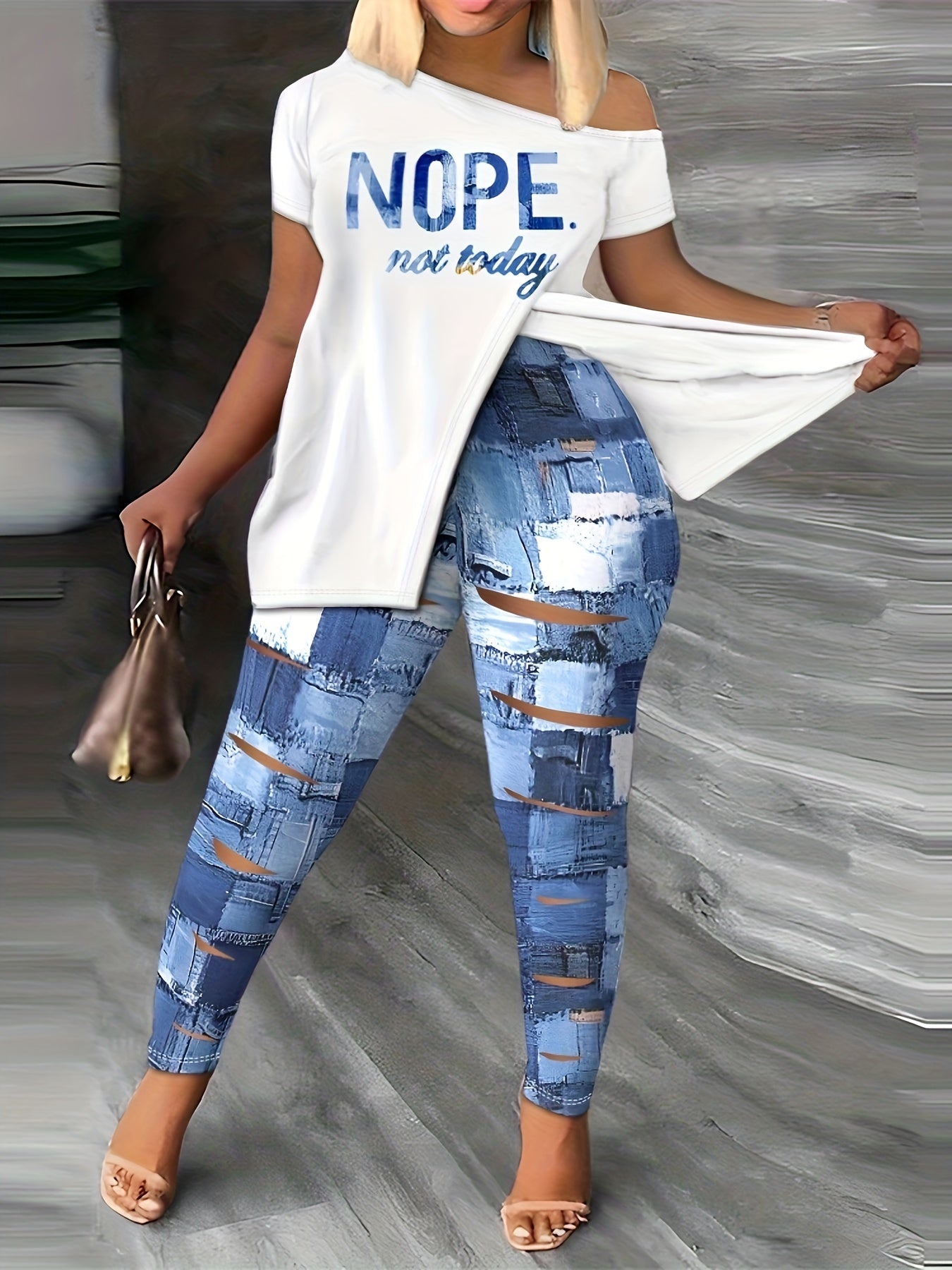Denim Slogan Print One Shoulder Split Tee & Cut Out Leggings Set