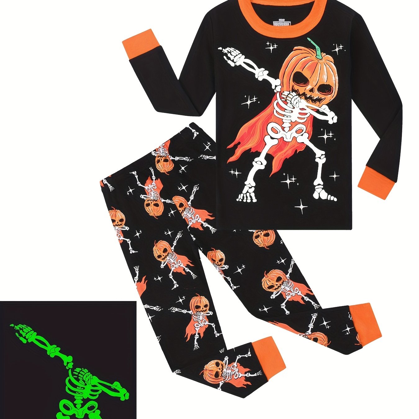 2pcs Halloween Pumpkin Print Boys Pajamas Set Long Sleeve T shirt & Pants