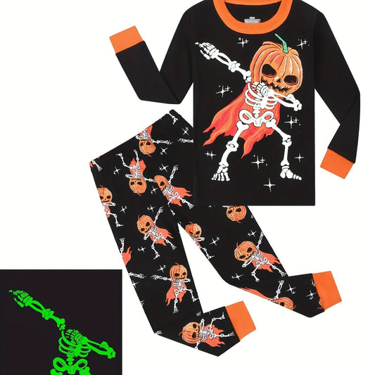 2pcs Halloween Pumpkin Print Boys Pajamas Set Long Sleeve T shirt & Pants