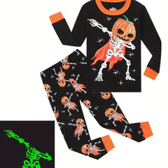 2pcs Halloween Pumpkin Print Boys Pajamas Set Long Sleeve T shirt & Pants