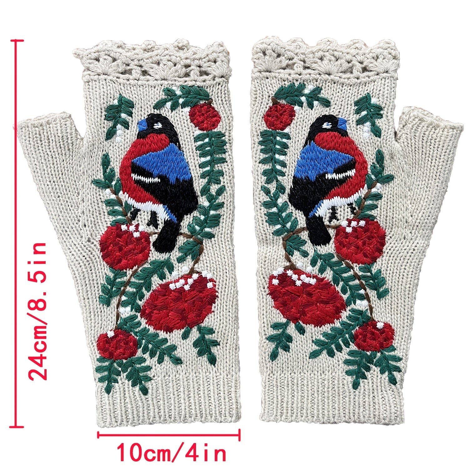 Embroidered Bird Flowers Gloves Arm Warmer Woolen Winter Gloves