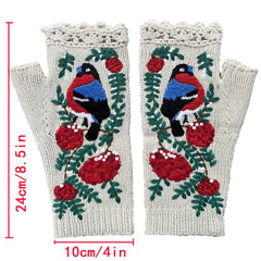 Embroidered Bird Flowers Gloves Arm Warmer Woolen Winter Gloves