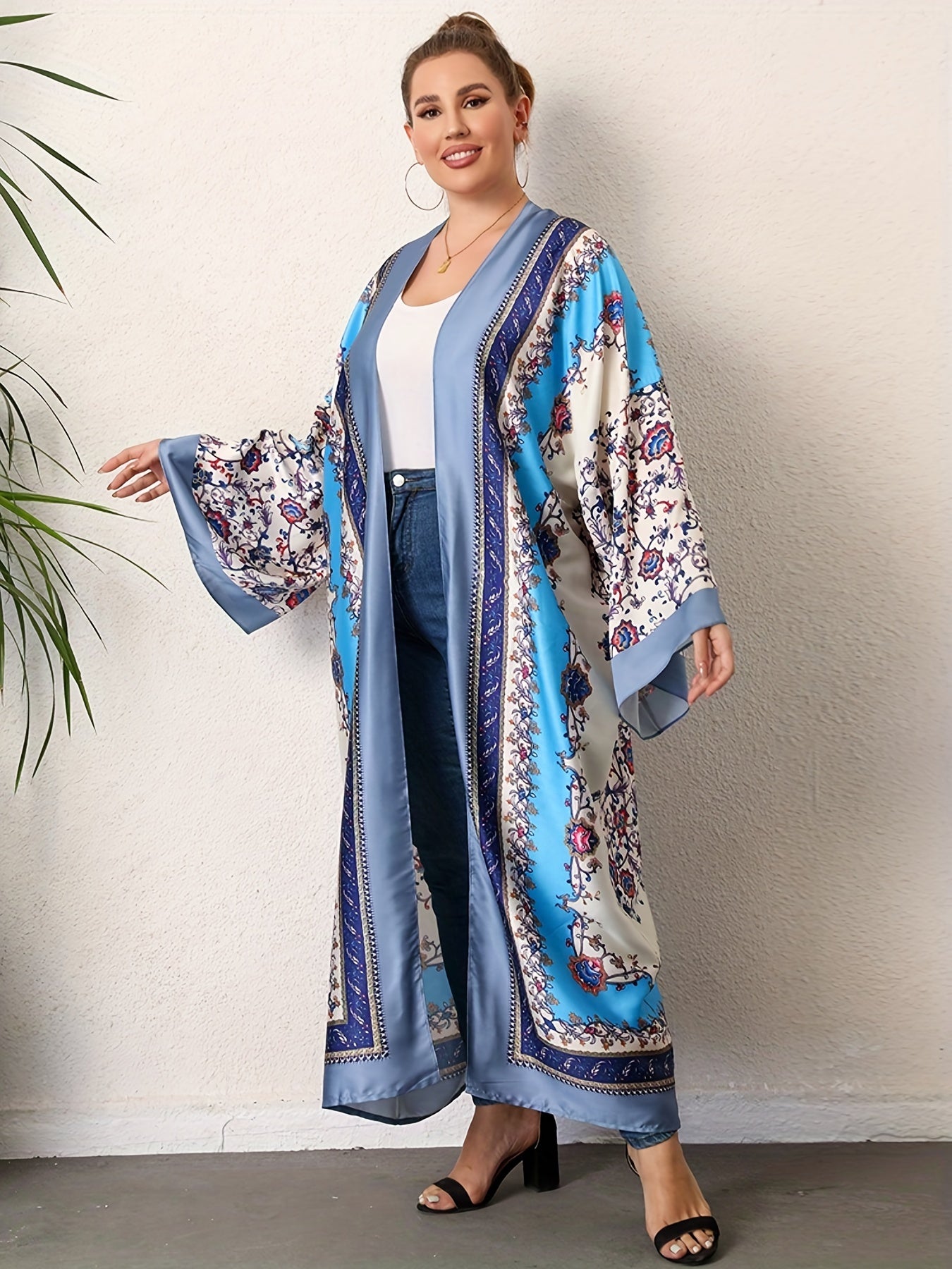 Boho Kimono Scarf Print Long Sleeve Maxi Kimono Cover Up