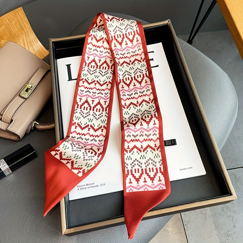 Geometric Print Red Skinny Scarf Silk Hair Ribbon Satin Neckerchief