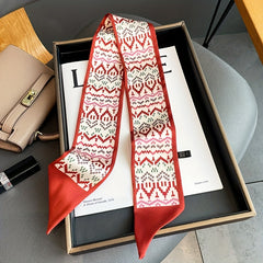Geometric Print Red Skinny Scarf Silk Hair Ribbon Satin Neckerchief