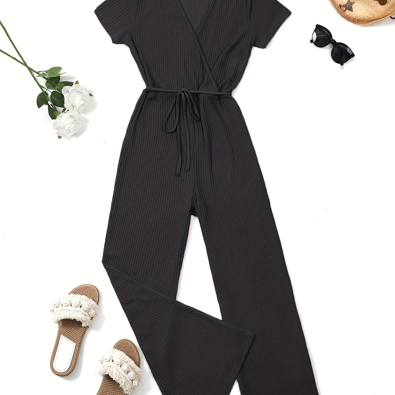 Solid Color Waffle V-Neck Jumpsuit with Tie Waist
