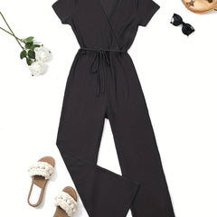 Solid Color Waffle V-Neck Jumpsuit with Tie Waist