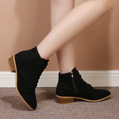 Chunky Heeled Lace Up Short Boots Side Zipper Women's Footwear