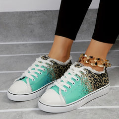 Leopard Print Canvas Shoes with Glitter Sequins Lace Up Lightweight Sneakers