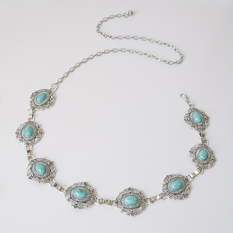 Turquoise Inlaid Metal Waist Chain Boho Tassel Belly Chain Dress Accessories