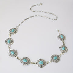 Turquoise Inlaid Metal Waist Chain Boho Tassel Belly Chain Dress Accessories