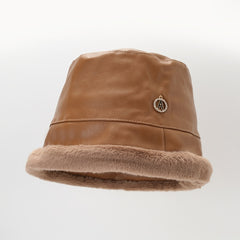PU Leather Plush Edge Bucket Hat Warm Sun Hats For Women