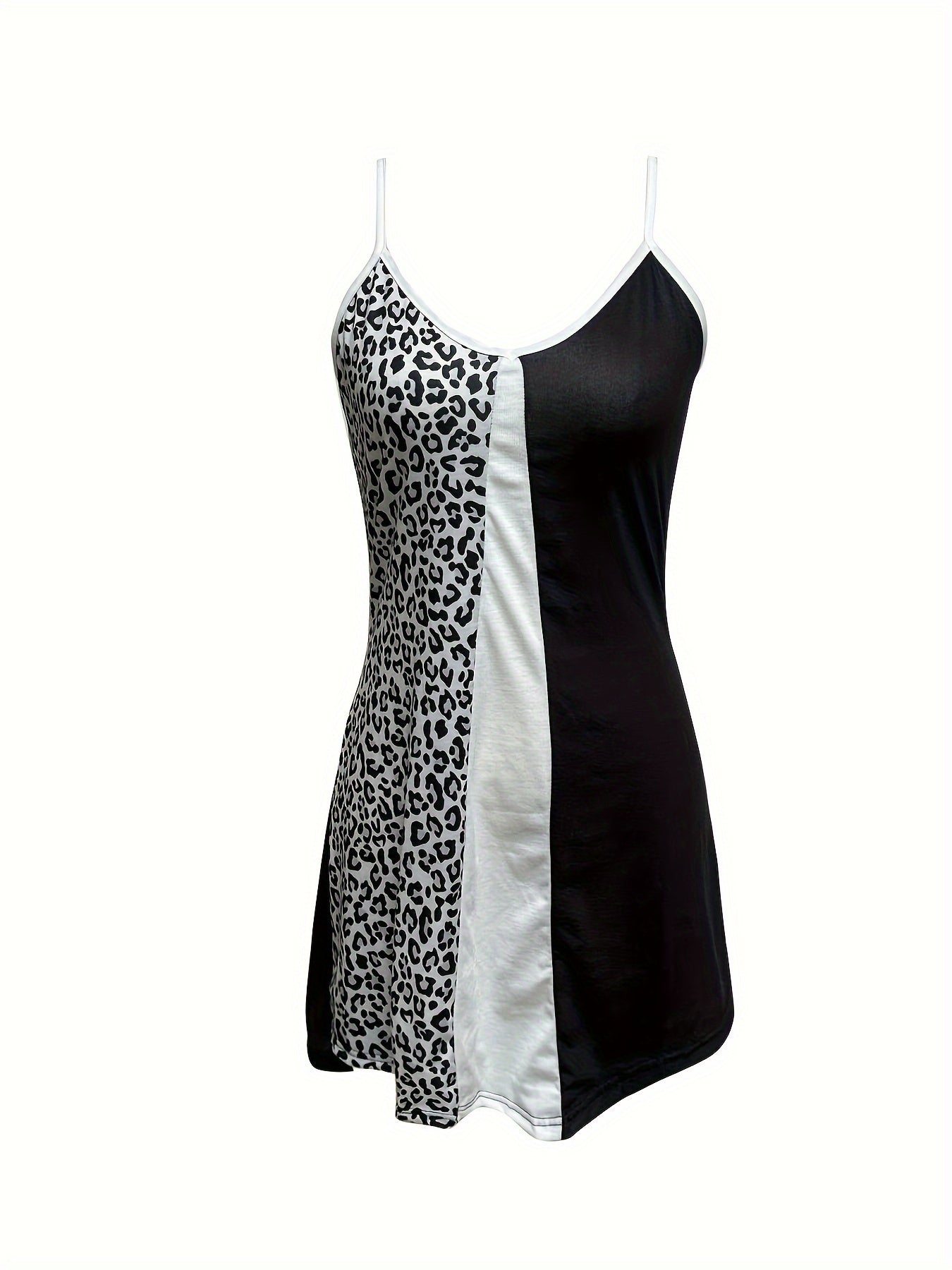 Leopard Stitching Slip Lounge Dresses V Neck Colorblock Home Dress
