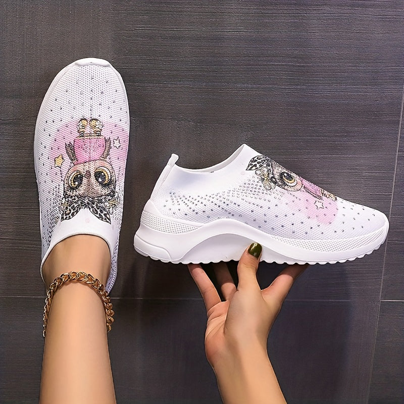 Women's Rhinestone Platform Sneakers Slip On Outdoor Shoes Cut Cartoon Print