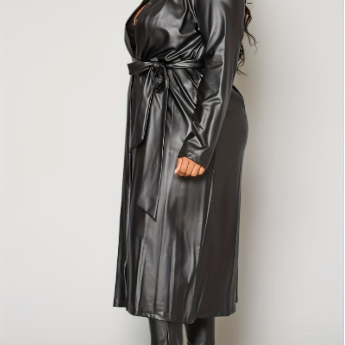 Solid PU Leather Longline Coat & Leggings Outfit Set
