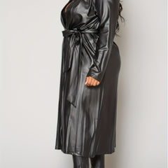 Solid PU Leather Longline Coat & Leggings Outfit Set