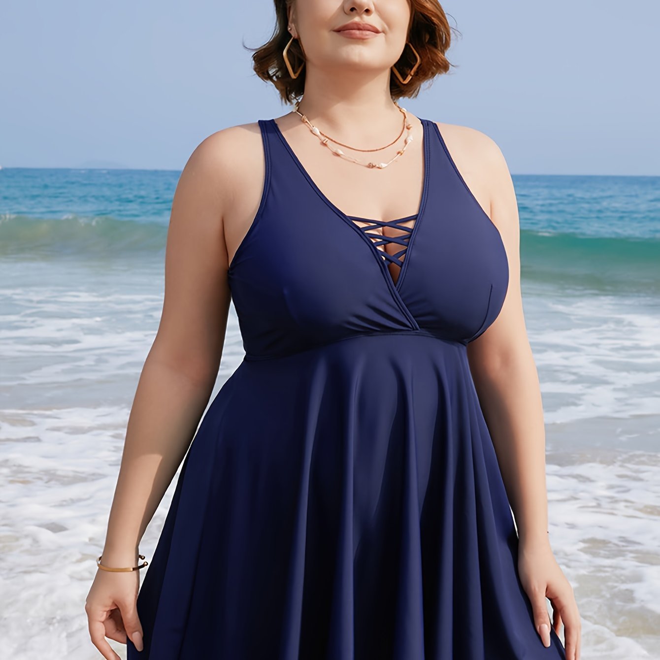 Solid V Neck Cami Dress & Panty Swimsuit Set