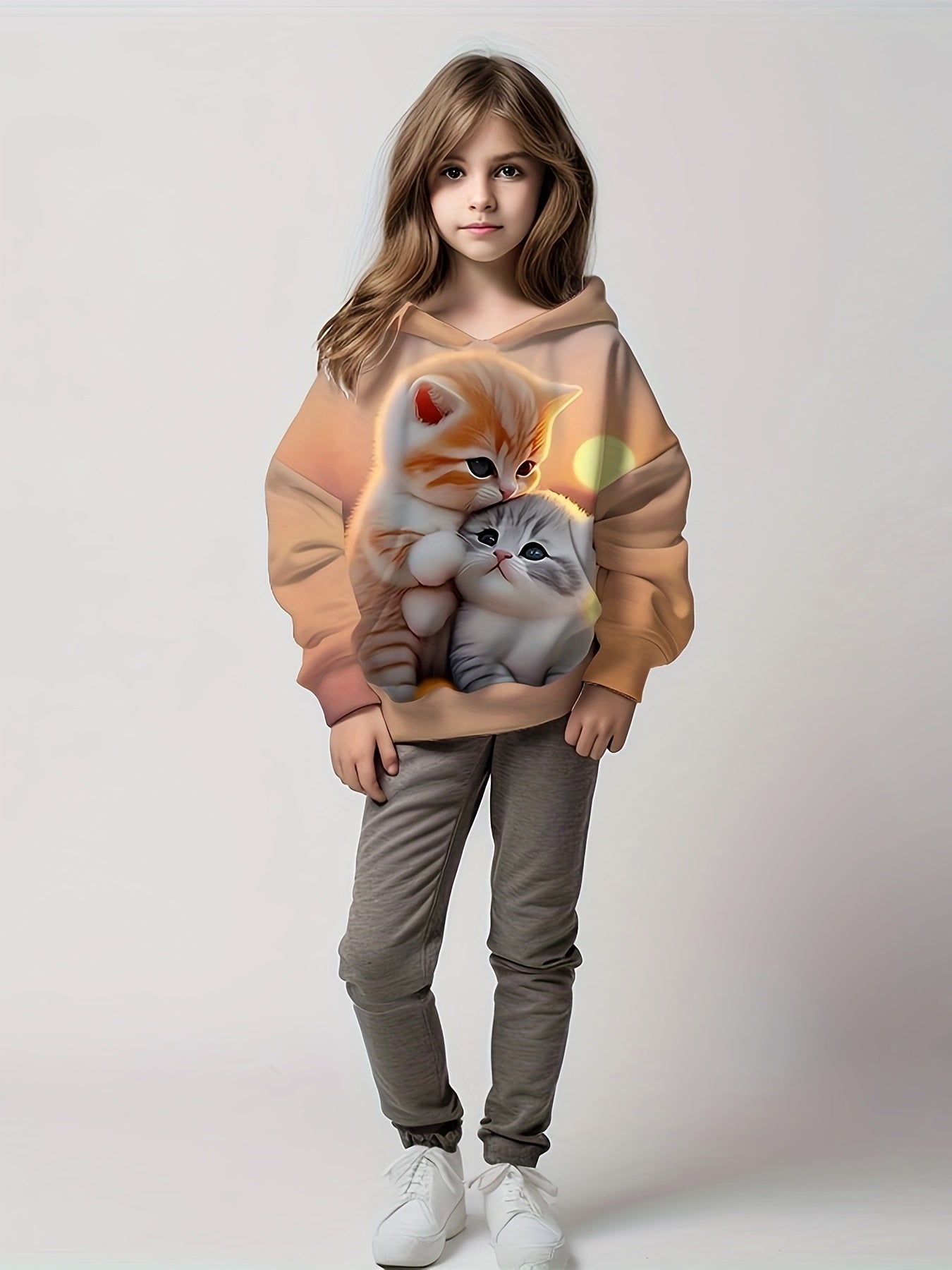 Girls Kitty Print Pocket Hoodies Pullover Spring Fall Sports Gift