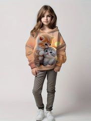 Girls Kitty Print Pocket Hoodies Pullover Spring Fall Sports Gift