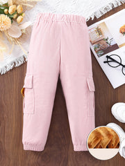 Girls Fleece Warm Winter Corduroy Trousers Elastic Waist Pocket Cargo Pant